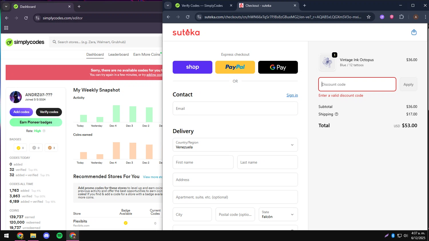 Suteka promo code screenshot showing code BLACK20 applied at Suteka checkout page. Uploaded by SimplyCodes community member andressssssa on Dec 6, 2025