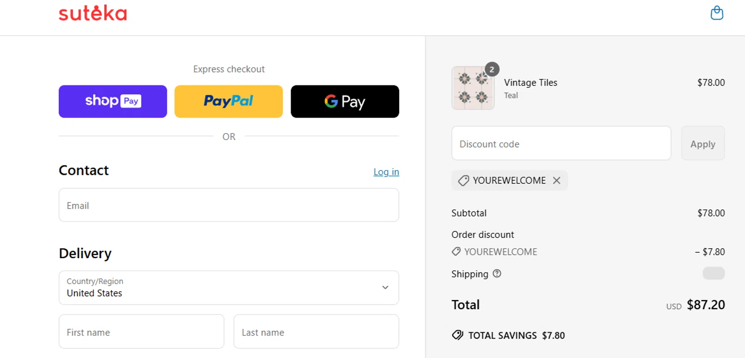 Suteka promo code screenshot showing code YOUREWELCOME applied at Suteka checkout page. Uploaded by SimplyCodes community member jesspea on Jun 26, 2025