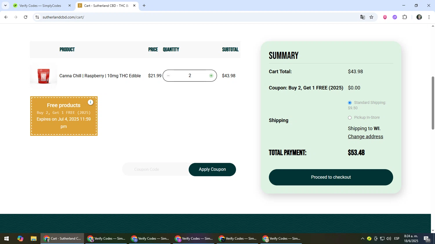 Sutherland CBD checkout page showing Sutherland CBD promo code box | Screenshot taken by SimplyCodes community member on Jun 18, 2025