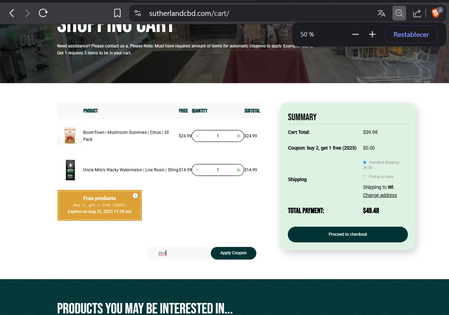Sutherland CBD promo code screenshot showing code Bogo applied at Sutherland CBD checkout page. Uploaded by SimplyCodes community member DiaCritics on Aug 12, 2025
