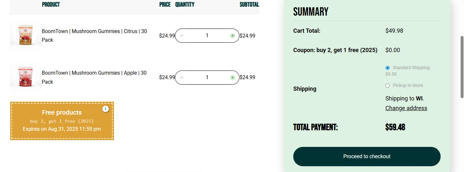 Sutherland CBD promo code screenshot showing code Bogo applied at Sutherland CBD checkout page. Uploaded by SimplyCodes community member Fish3r on Aug 12, 2025