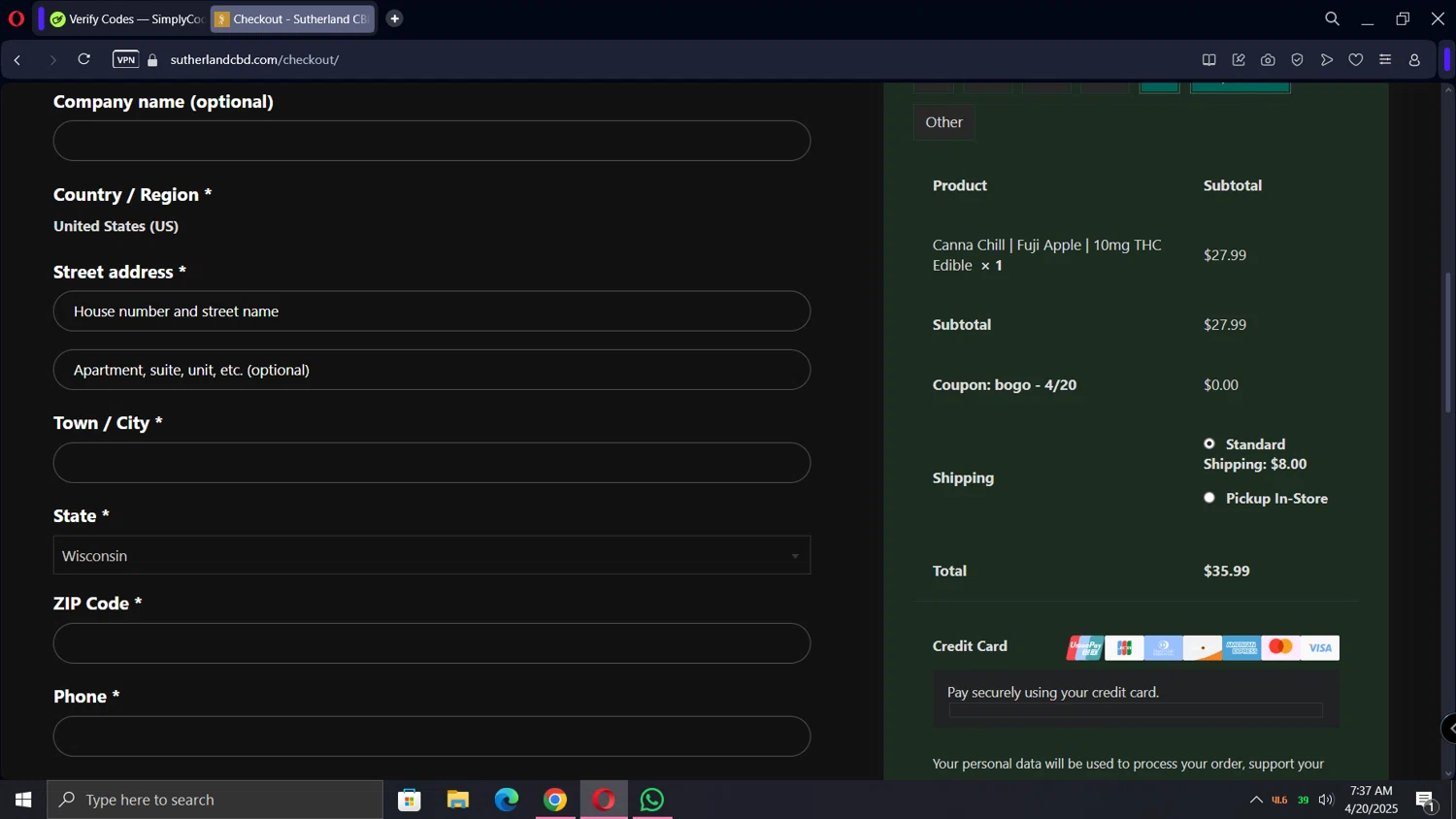 Sutherland CBD checkout page showing Sutherland CBD promo code box | Screenshot taken by SimplyCodes community member on Apr 20, 2025