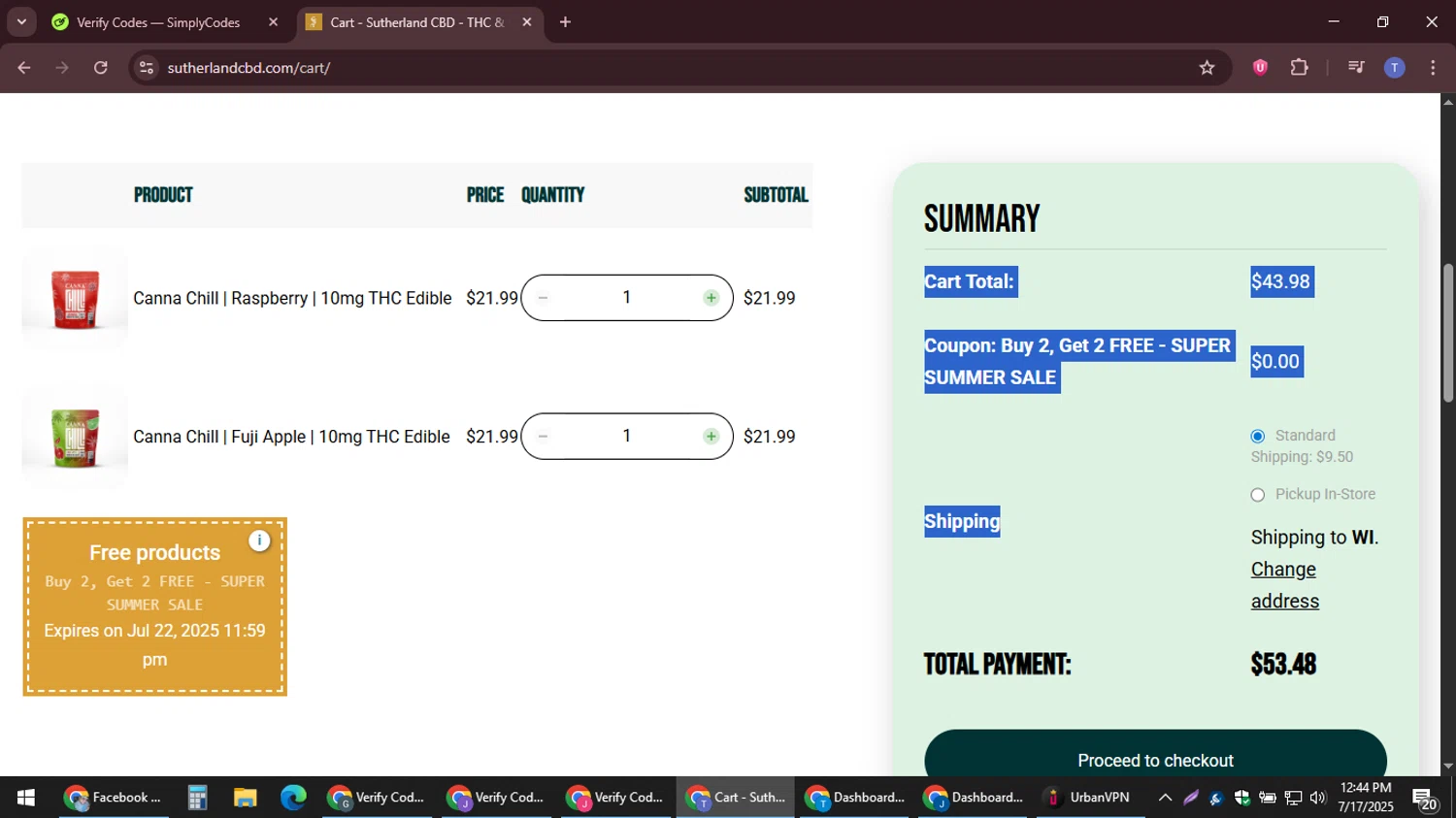 Sutherland CBD checkout page showing Sutherland CBD promo code box | Screenshot taken by SimplyCodes community member on Jul 17, 2025