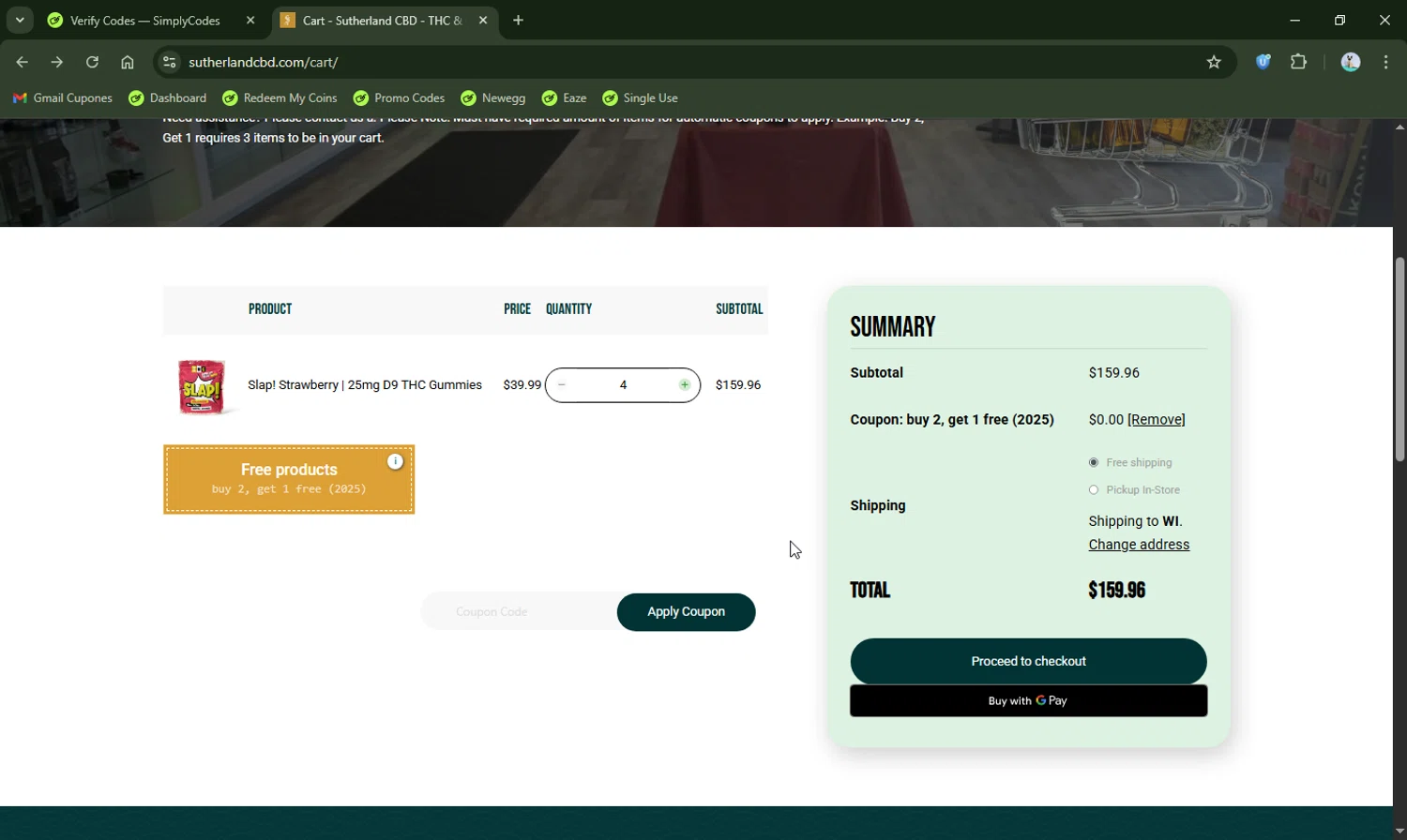 Sutherland CBD promo code screenshot showing code buy2,get1free applied at Sutherland CBD checkout page. Uploaded by SimplyCodes community member LHaunter2 on Oct 29, 2025
