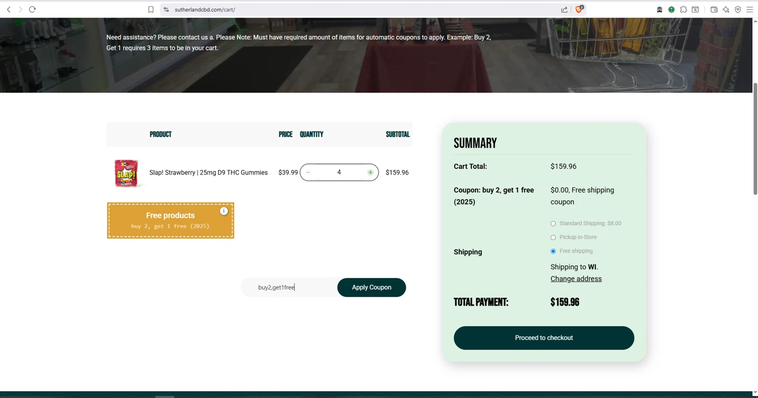 Sutherland CBD promo code screenshot showing code buy2,get1free applied at Sutherland CBD checkout page. Uploaded by SimplyCodes community member dayselis15 on Sep 30, 2025
