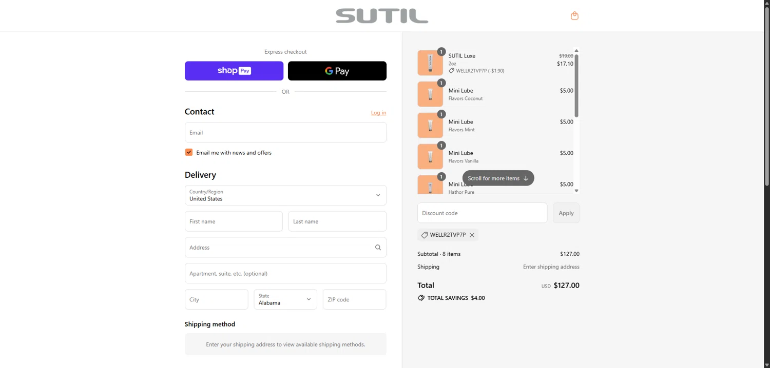 SUTIL USA promo code screenshot showing code WELLR2TVP7P applied at SUTIL USA checkout page. Uploaded by SimplyCodes community member VoucherVirtuoso5207 on Jul 3, 2025