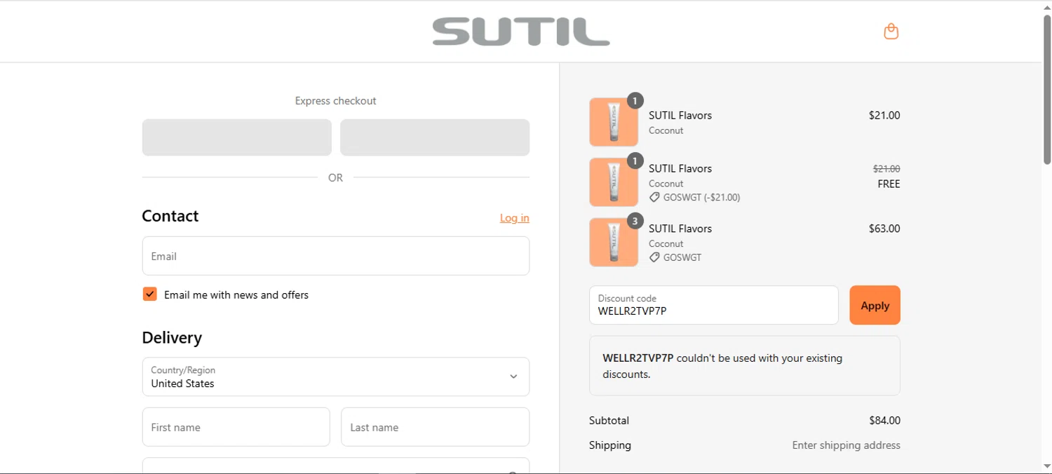 SUTIL USA promo code screenshot showing code WELLR2TVP7P applied at SUTIL USA checkout page. Uploaded by SimplyCodes community member pitamalkovich on Jul 3, 2025
