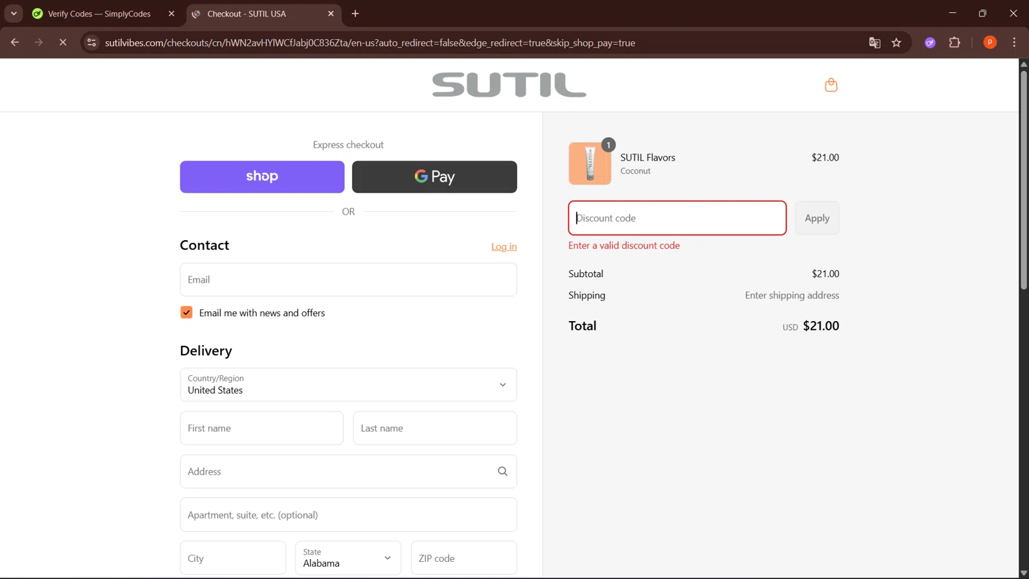 SUTIL USA promo code screenshot showing code SUMMERFLAVOR applied at SUTIL USA checkout page. Uploaded by SimplyCodes community member LegendaryPro3698 on Sep 4, 2025