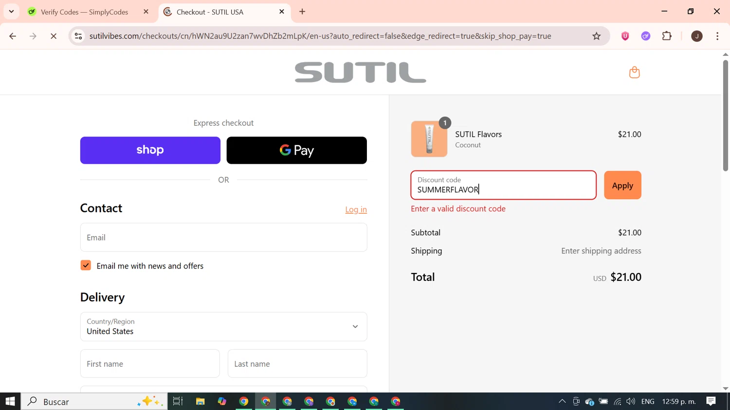 SUTIL USA promo code screenshot showing code SUMMERFLAVOR applied at SUTIL USA checkout page. Uploaded by SimplyCodes community member PrimeGenius2371 on Sep 4, 2025