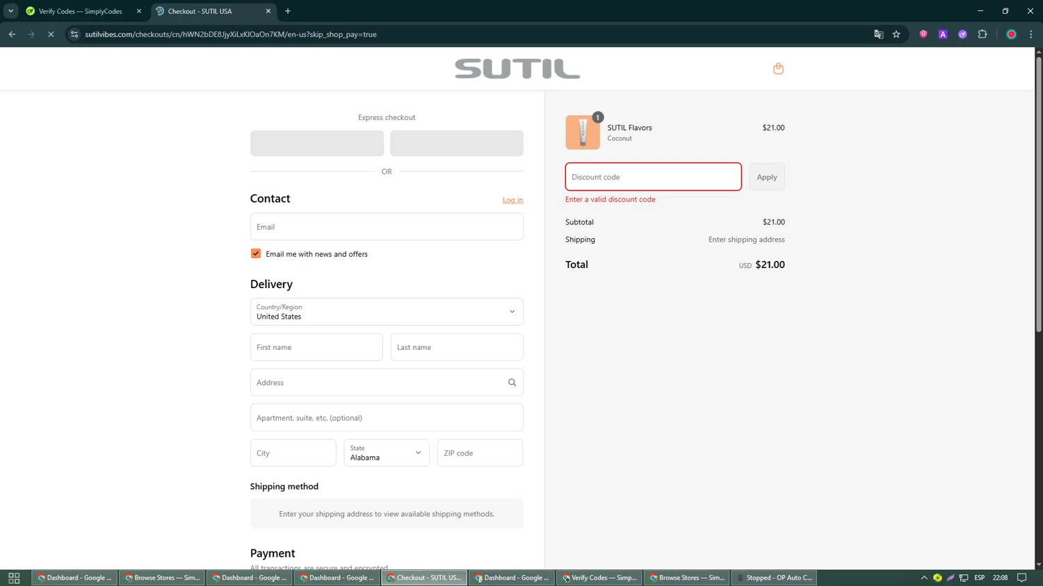 SUTIL USA promo code screenshot showing code SUMMERFLAVOR applied at SUTIL USA checkout page. Uploaded by SimplyCodes community member William_Jones on Sep 4, 2025