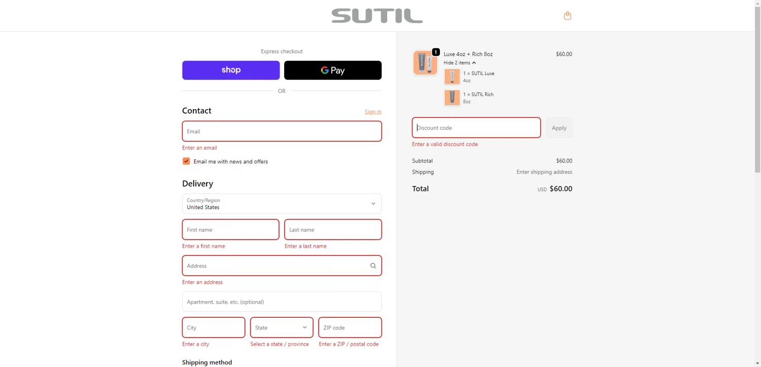 SUTIL USA promo code screenshot showing code PrimeDay1025 applied at SUTIL USA checkout page. Uploaded by SimplyCodes community member DiscountWarden480 on Oct 11, 2025