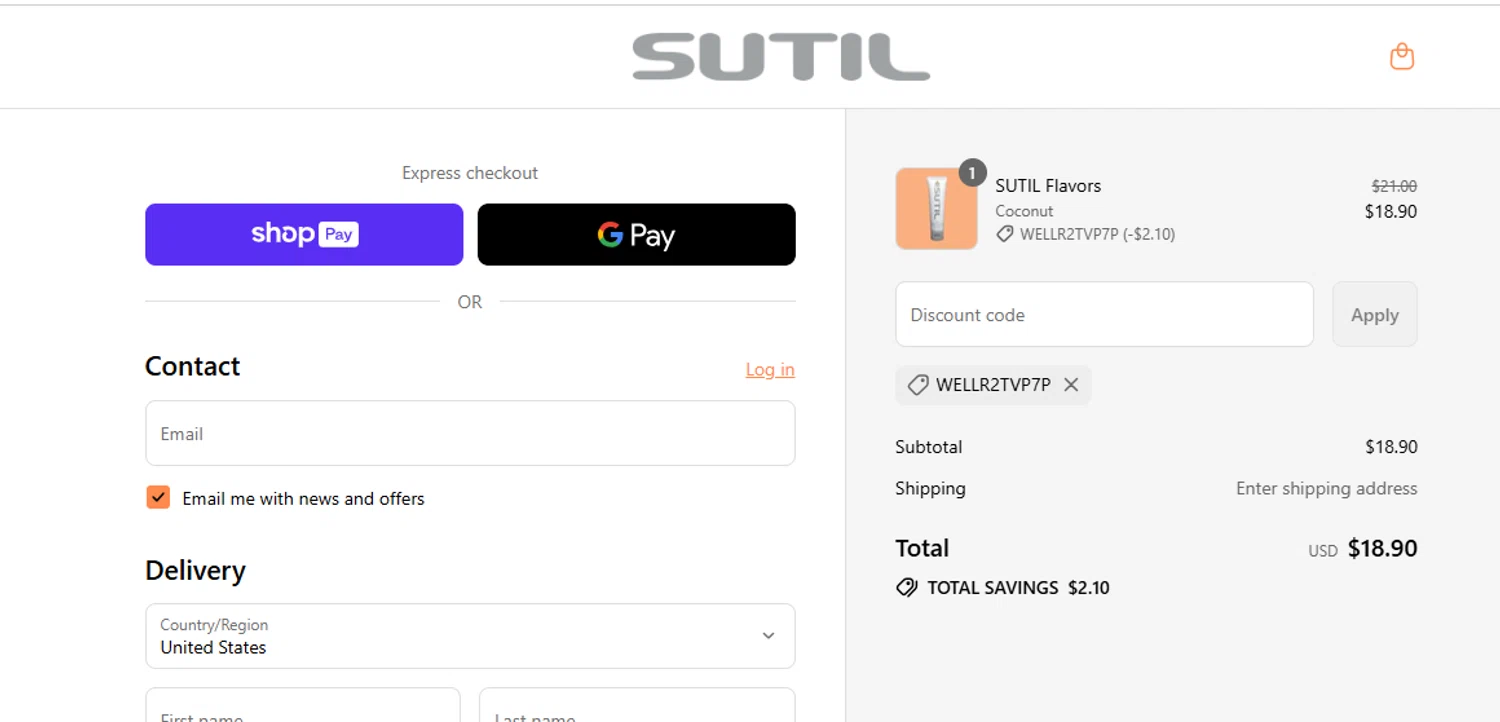 SUTIL USA promo code screenshot showing code WELLR2TVP7P applied at SUTIL USA checkout page. Uploaded by SimplyCodes community member Volibear on Jul 3, 2025