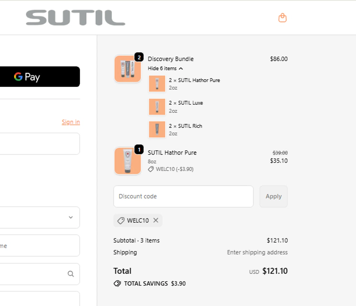SUTIL USA promo code screenshot showing code WELC10 applied at SUTIL USA checkout page. Uploaded by SimplyCodes community member carlosrivero on Dec 7, 2025