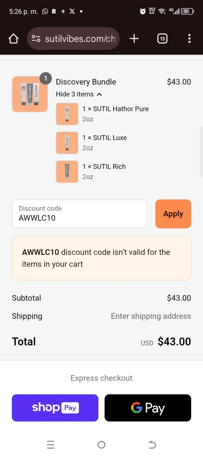 SUTIL USA promo code screenshot showing code AWWLC10 applied at SUTIL USA checkout page. Uploaded by SimplyCodes community member kellymoreno on Aug 13, 2025