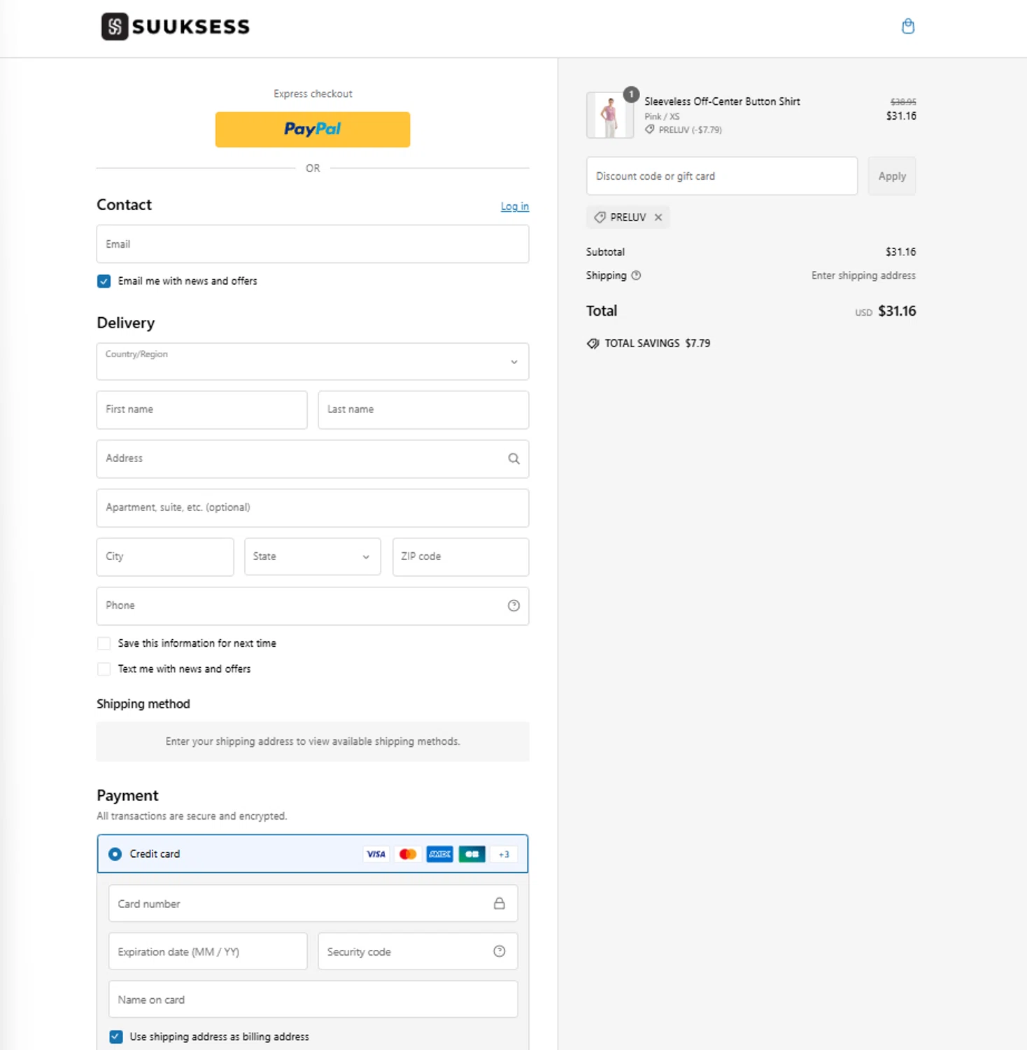 Suuksess discount code screenshot showing code PRELUV applied at Suuksess checkout page. Uploaded by SimplyCodes community member Tortugasninja on Feb 26, 2025