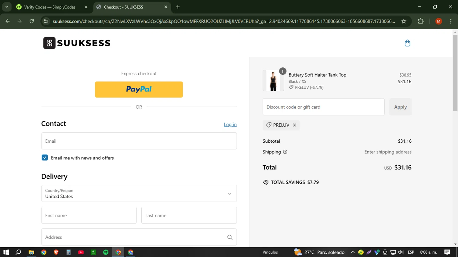 Suuksess discount code screenshot showing code PRELUV applied at Suuksess checkout page. Uploaded by SimplyCodes community member NobleSentinel6058 on Jan 28, 2025