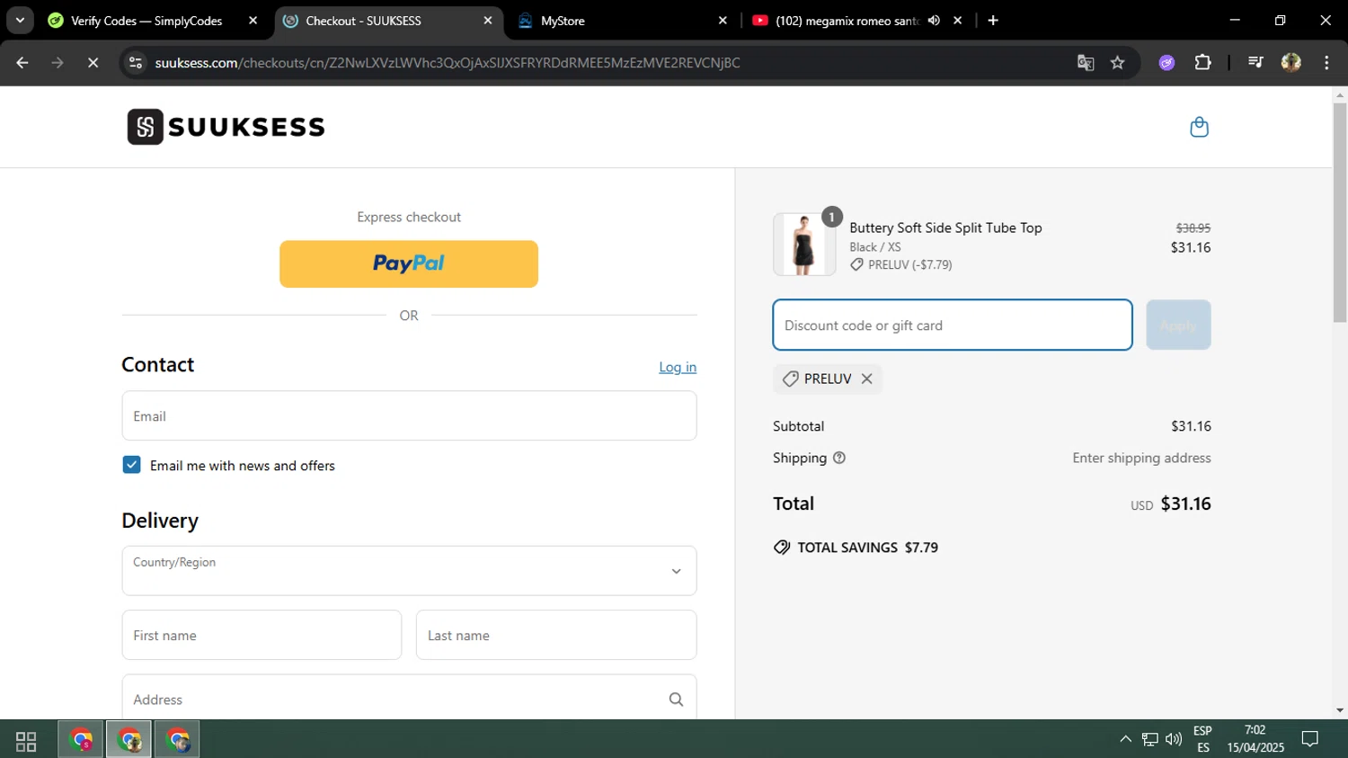 Suuksess discount code screenshot showing code PRELUV applied at Suuksess checkout page. Uploaded by SimplyCodes community member ELVERDEDESAMP on Apr 15, 2025