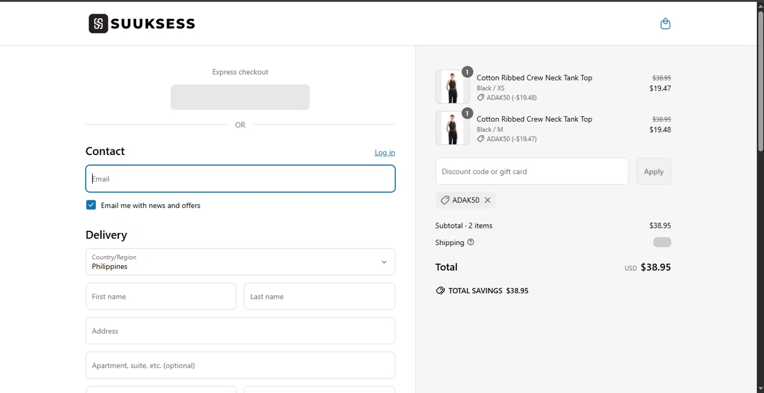 Suuksess discount code screenshot showing code ADAK50 applied at Suuksess checkout page. Uploaded by SimplyCodes community member rapiddeals on May 13, 2025