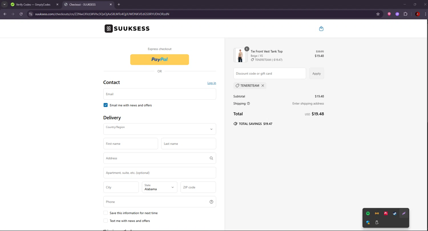 Suuksess discount code screenshot showing code TENERETEAM applied at Suuksess checkout page. Uploaded by SimplyCodes community member BrilliantSaver7516 on Jun 25, 2025