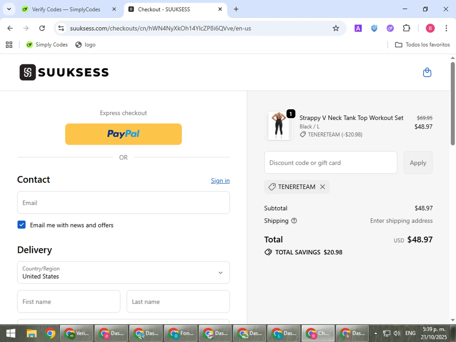Suuksess discount code screenshot showing code TENERETEAM applied at Suuksess checkout page. Uploaded by SimplyCodes community member bombontropical on Oct 21, 2025