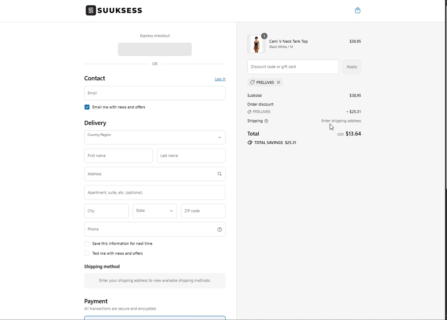 Suuksess discount code screenshot showing code PRELUV65 applied at Suuksess checkout page. Uploaded by SimplyCodes community member Heibk201 on Jul 25, 2025