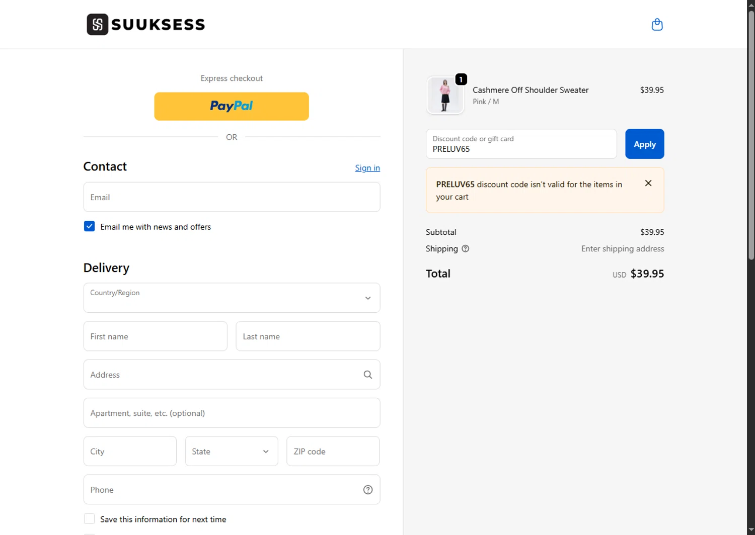 Suuksess discount code screenshot showing code PRELUV65 applied at Suuksess checkout page. Uploaded by SimplyCodes community member VoucherFinder3467 on Nov 28, 2025