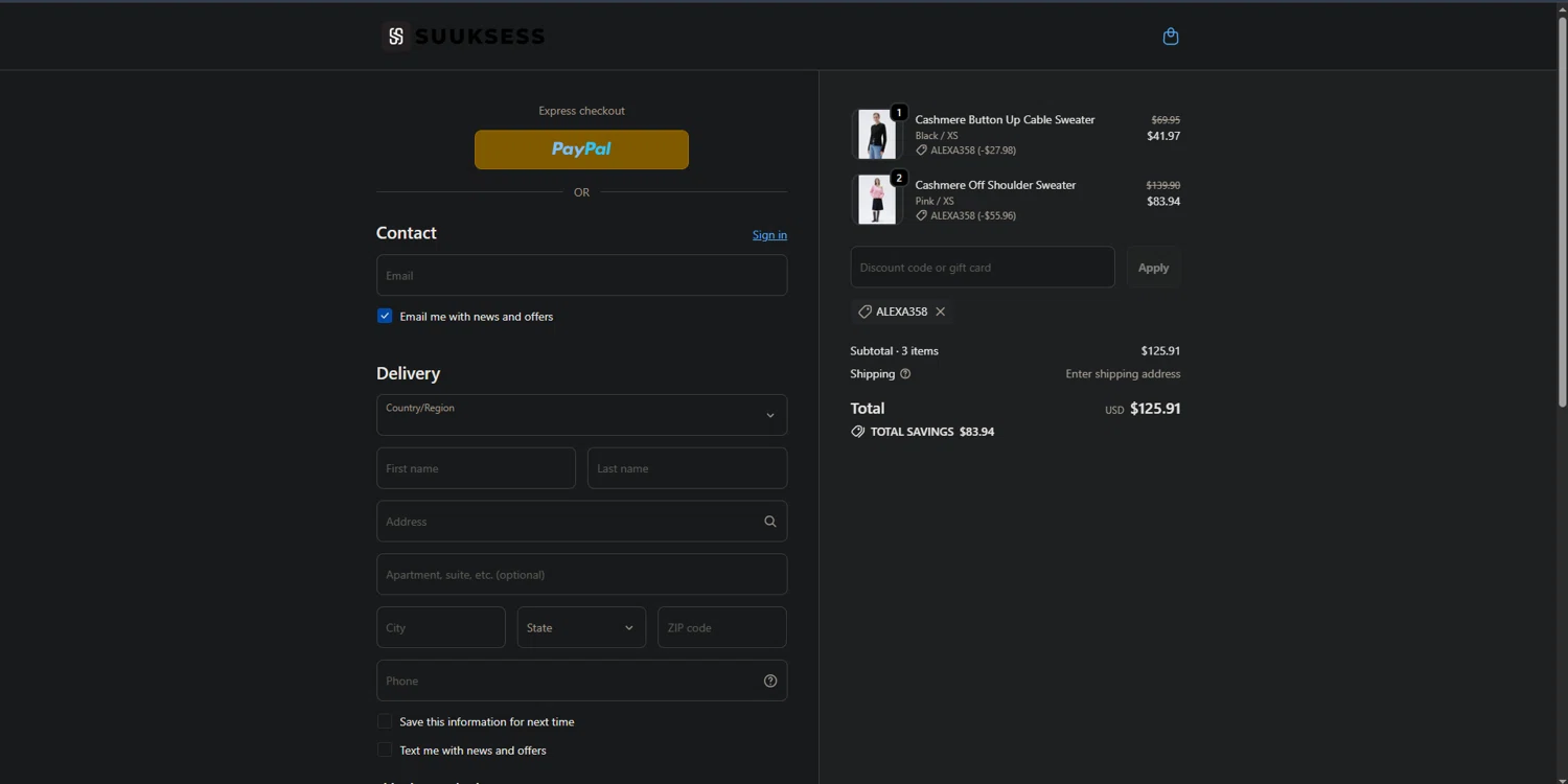 Suuksess discount code screenshot showing code ALEXA358 applied at Suuksess checkout page. Uploaded by SimplyCodes community member CodeRanger4147 on Dec 6, 2025