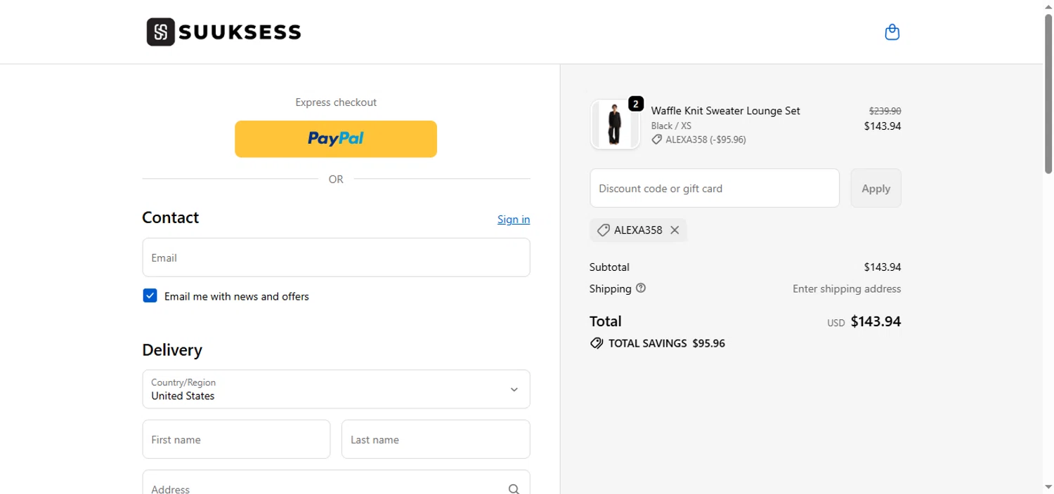 Suuksess discount code screenshot showing code ALEXA358 applied at Suuksess checkout page. Uploaded by SimplyCodes community member BrilliantTracker4309 on Dec 6, 2025