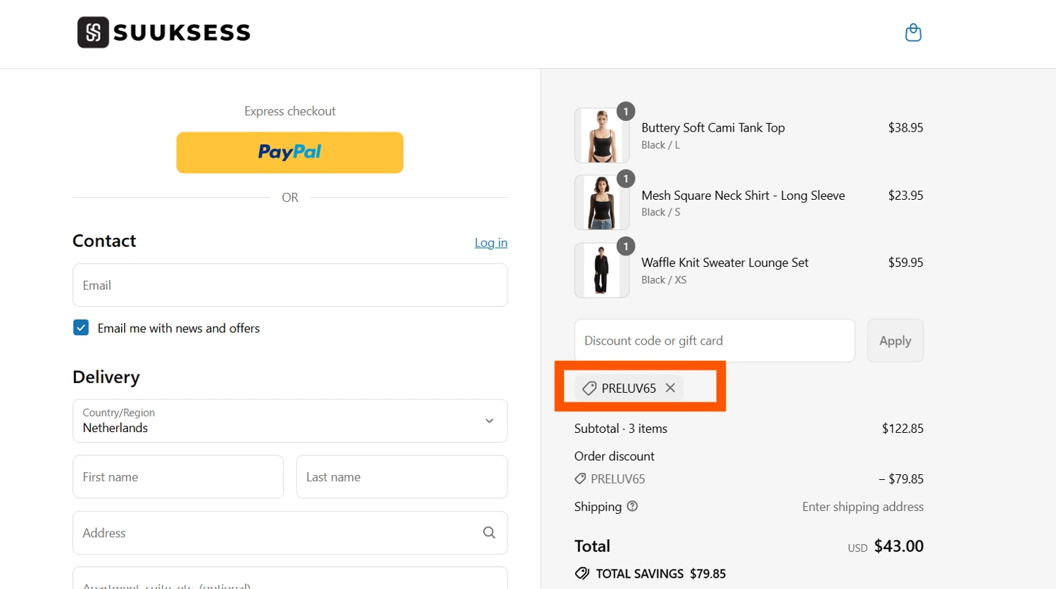 Suuksess discount code screenshot showing code PRELUV65 applied at Suuksess checkout page. Uploaded by SimplyCodes community member CleverSentinel4477 on Jul 25, 2025