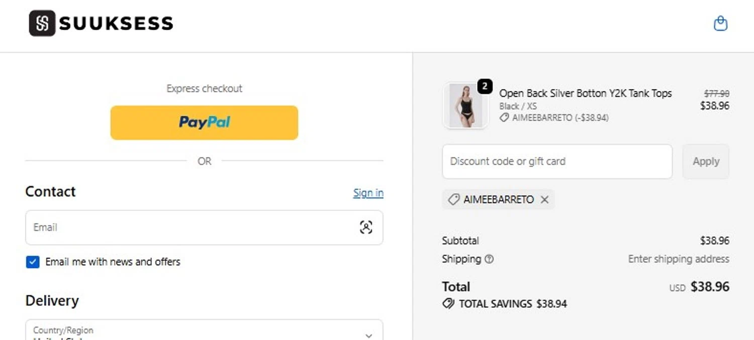 Suuksess promo code screenshot showing code AIMEEBARRETO applied at Suuksess checkout page. Uploaded by SimplyCodes community member mandrakke on Jun 22, 2026