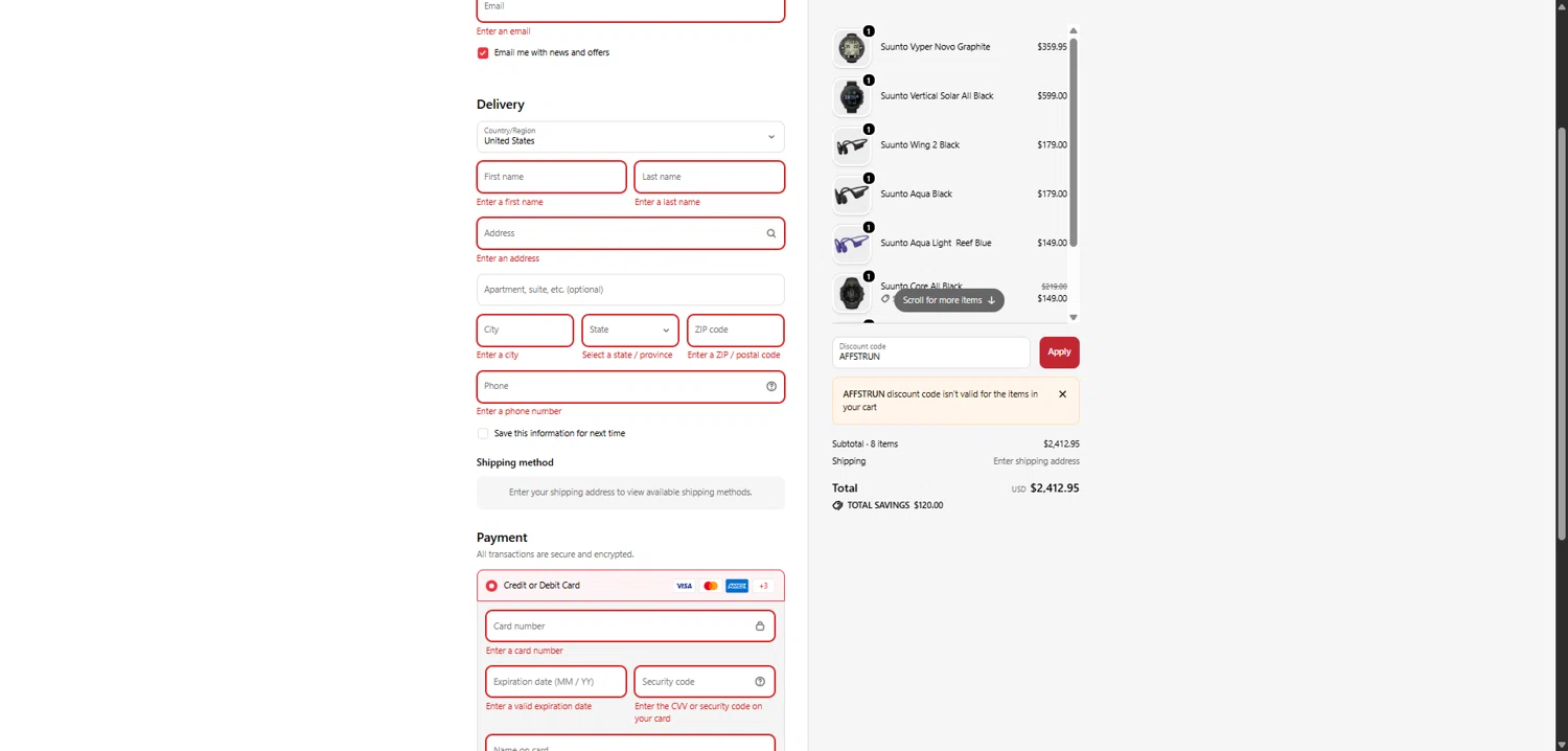 Suunto discount code screenshot showing code AFFSTRUN applied at Suunto checkout page. Uploaded by SimplyCodes community member CashChaser6080 on Dec 12, 2025
