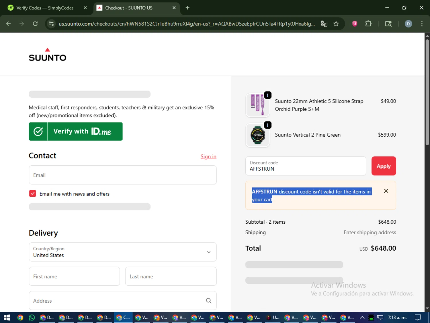 Suunto discount code screenshot showing code AFFSTRUN applied at Suunto checkout page. Uploaded by SimplyCodes community member CleverCurator2558 on Nov 10, 2025