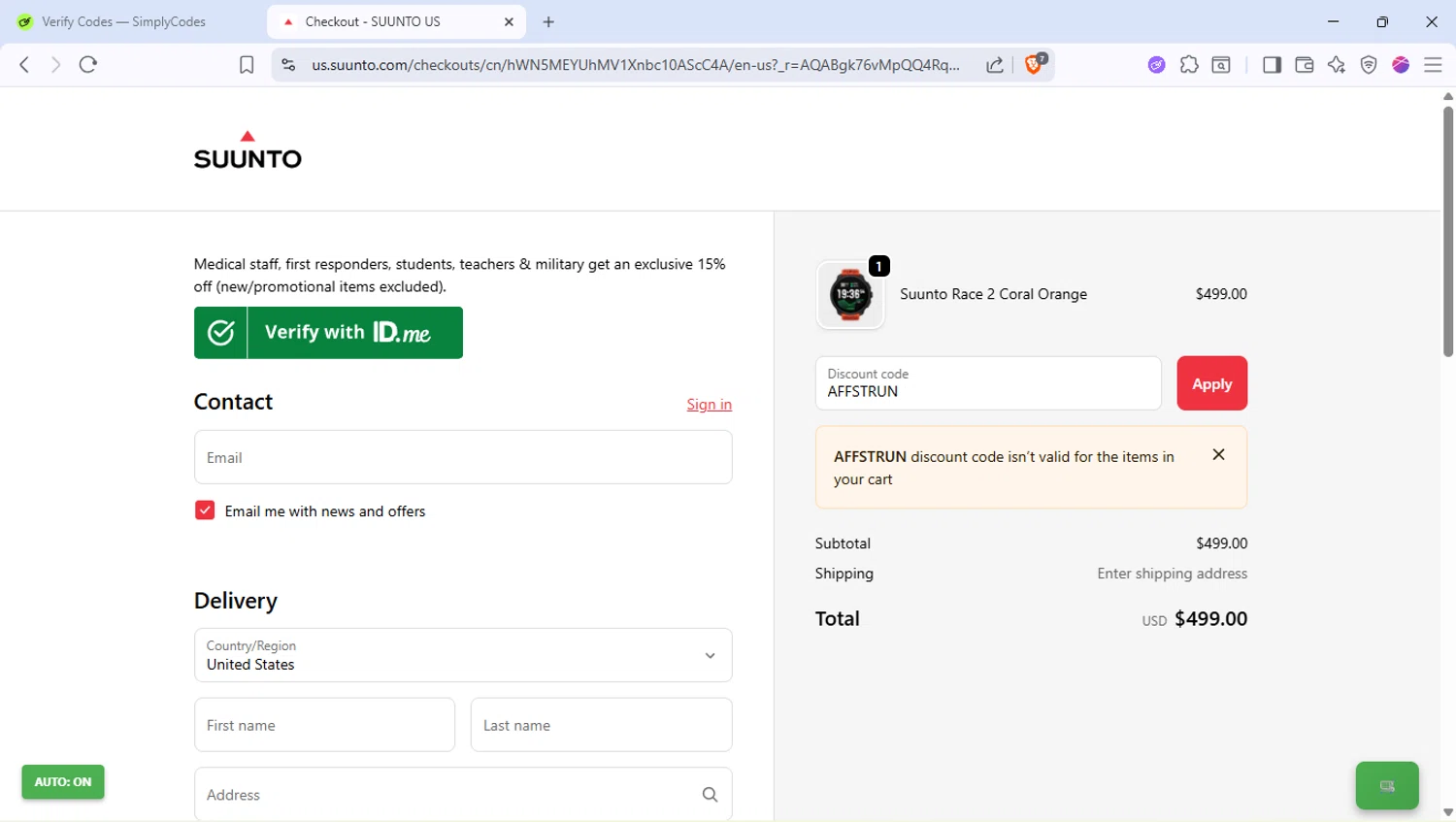 Suunto discount code screenshot showing code AFFSTRUN applied at Suunto checkout page. Uploaded by SimplyCodes community member PocoyoTraihard on Nov 16, 2025