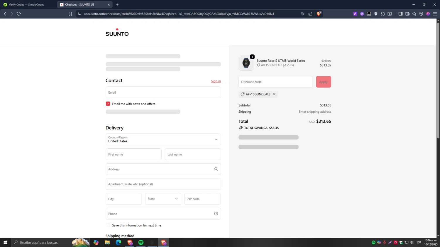Suunto discount code screenshot showing code AFF15GUNDEALS applied at Suunto checkout page. Uploaded by SimplyCodes community member Carlos54 on Dec 10, 2025