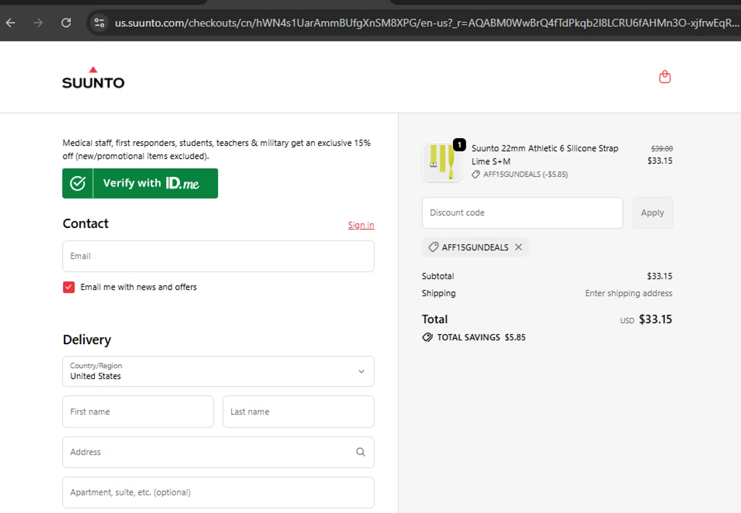 Suunto discount code screenshot showing code AFF15GUNDEALS applied at Suunto checkout page. Uploaded by SimplyCodes community member ExtraordinarySleuth3936 on Nov 3, 2025