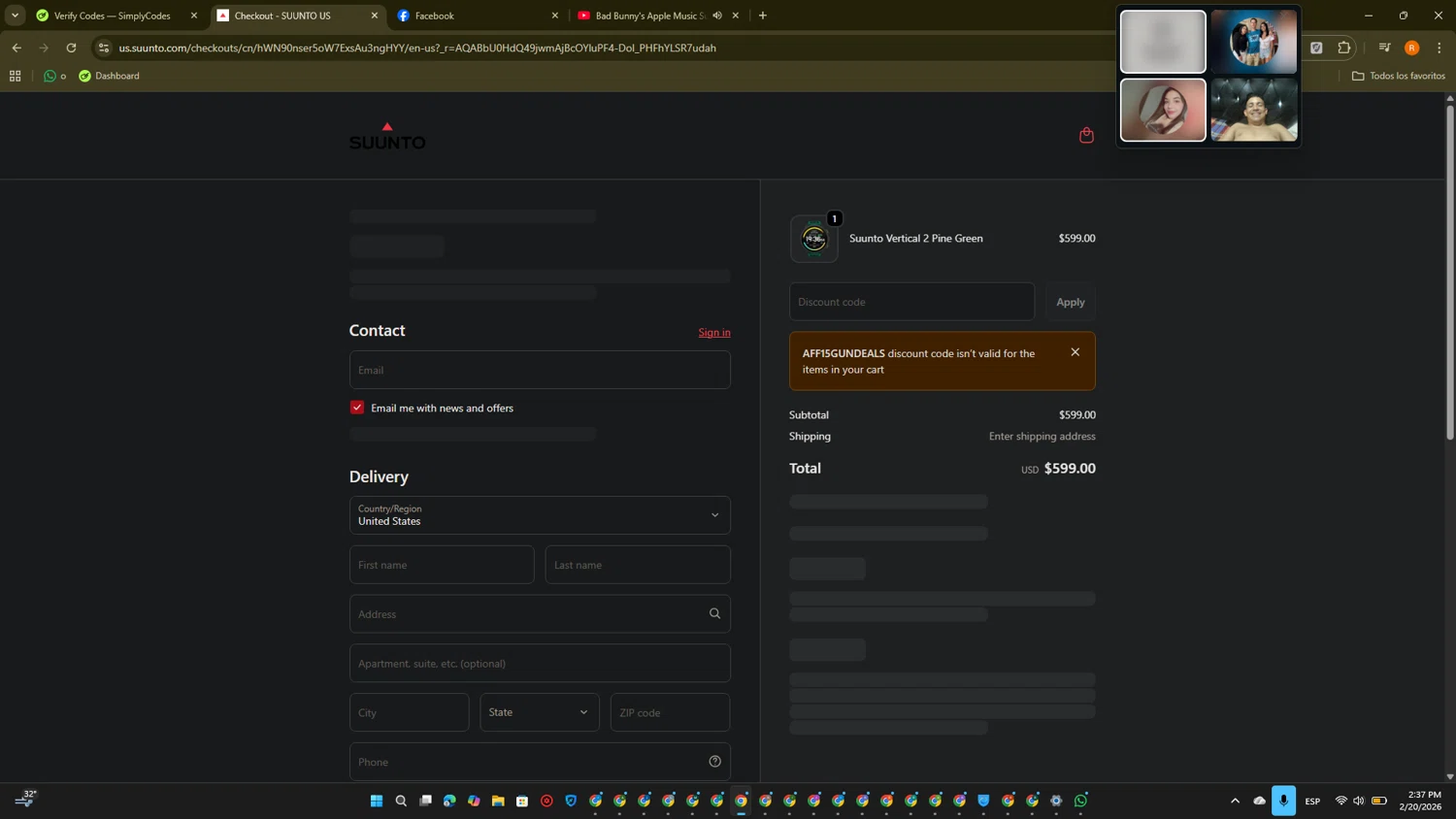 Suunto discount code screenshot showing code AFF15GUNDEALS applied at Suunto checkout page. Uploaded by SimplyCodes community member PromoTitan1625 on Feb 20, 2026