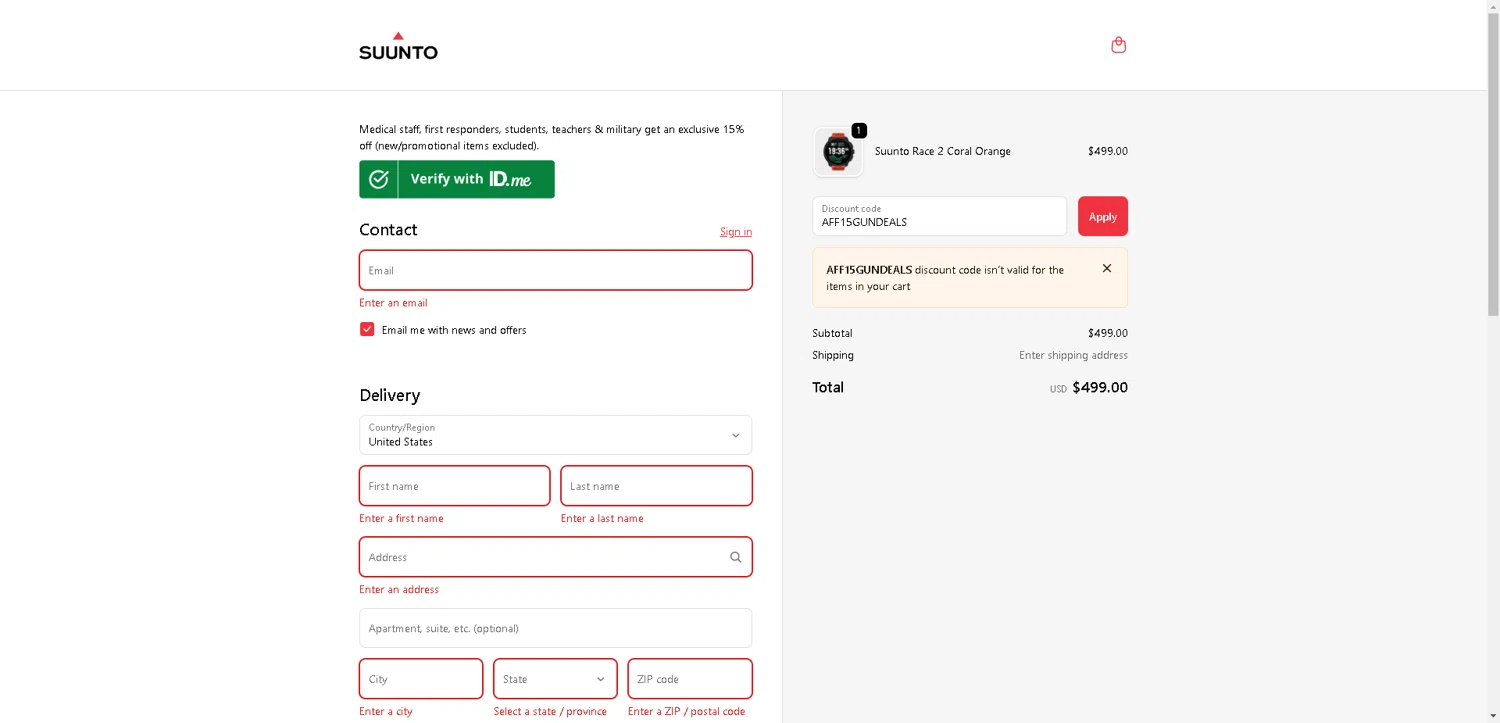 Suunto discount code screenshot showing code AFF15GUNDEALS applied at Suunto checkout page. Uploaded by SimplyCodes community member DerekRoberson on Nov 3, 2025