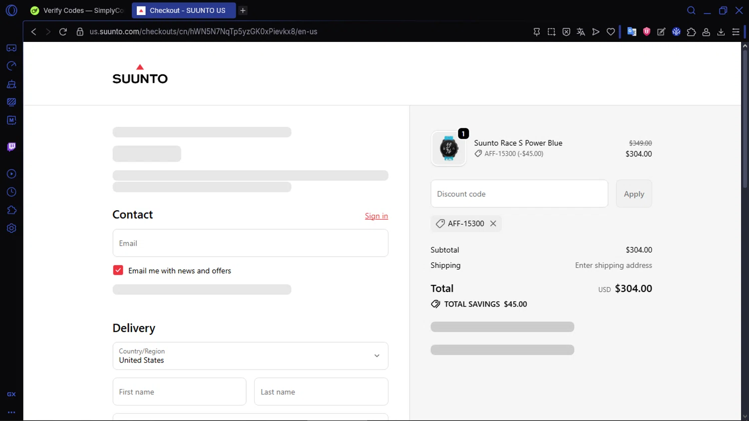 Suunto discount code screenshot showing code AFF-15300 applied at Suunto checkout page. Uploaded by SimplyCodes community member ACIDOSULFURICO on Nov 16, 2025