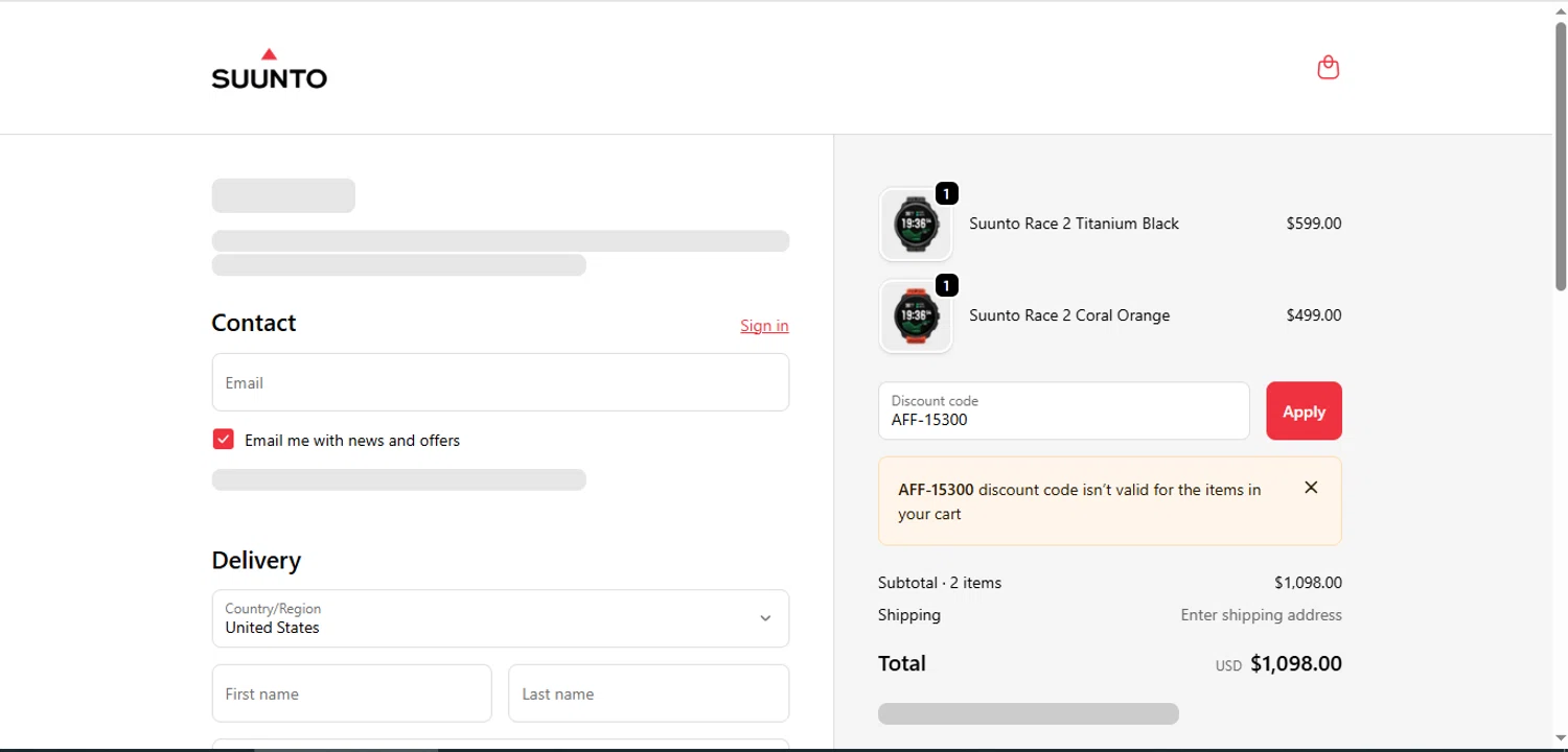 Suunto discount code screenshot showing code AFF-15300 applied at Suunto checkout page. Uploaded by SimplyCodes community member BargainShopper1384 on Nov 16, 2025