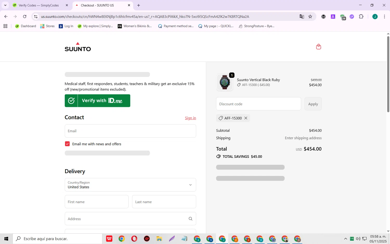 Suunto discount code screenshot showing code AFF-15300 applied at Suunto checkout page. Uploaded by SimplyCodes community member SarayH on Nov 5, 2025