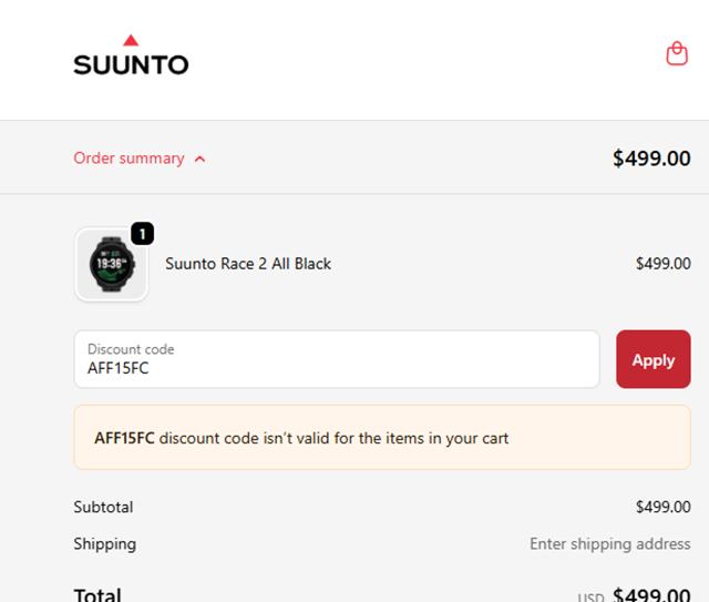 Suunto checkout page showing Suunto discount code box | Screenshot taken by SimplyCodes community member on Sep 22, 2025