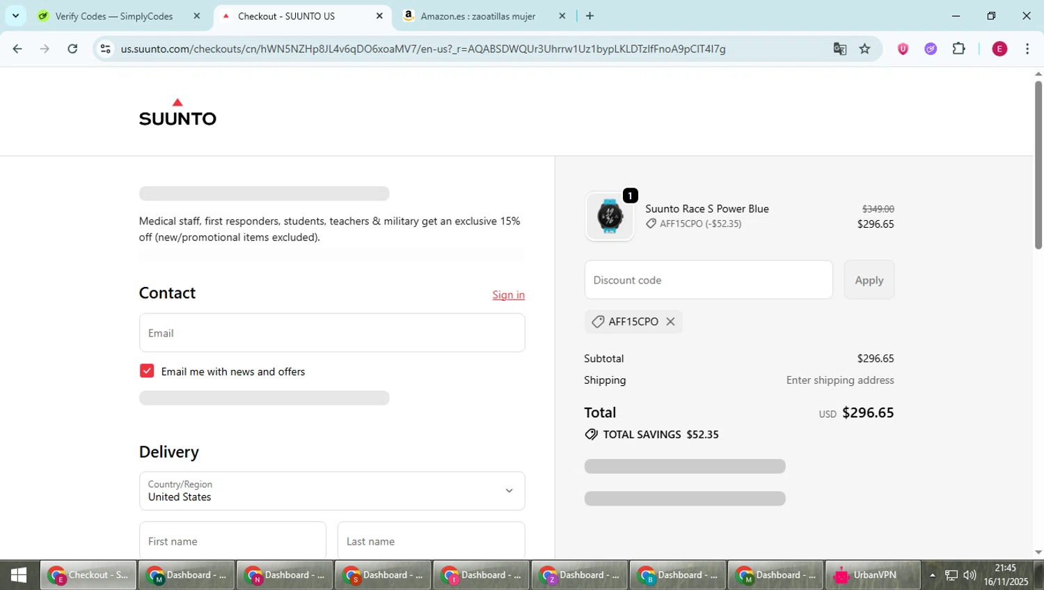 Suunto discount code screenshot showing code AFF15CPO applied at Suunto checkout page. Uploaded by SimplyCodes community member BrilliantWhiz4434 on Nov 17, 2025