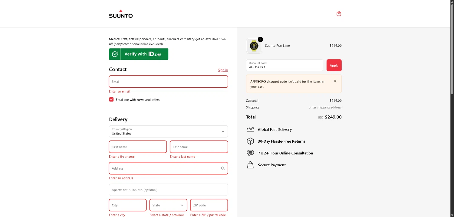 Suunto discount code screenshot showing code AFF15CPO applied at Suunto checkout page. Uploaded by SimplyCodes community member aver_136263192 on Dec 7, 2025