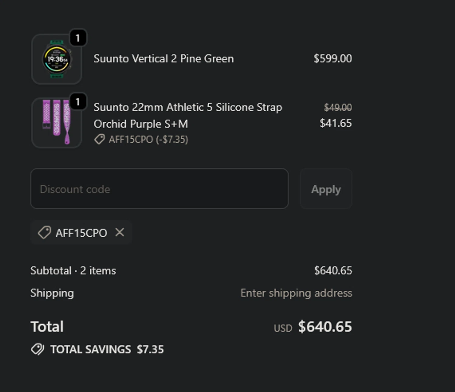 Suunto discount code screenshot showing code AFF15CPO applied at Suunto checkout page. Uploaded by SimplyCodes community member xocelot44x on Nov 10, 2025