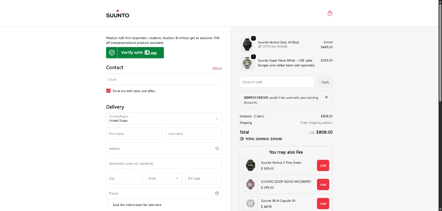 Suunto discount code screenshot showing code SIMPLYCODES15 applied at Suunto checkout page. Uploaded by SimplyCodes community member VictoriousFinder4393 on Feb 10, 2026