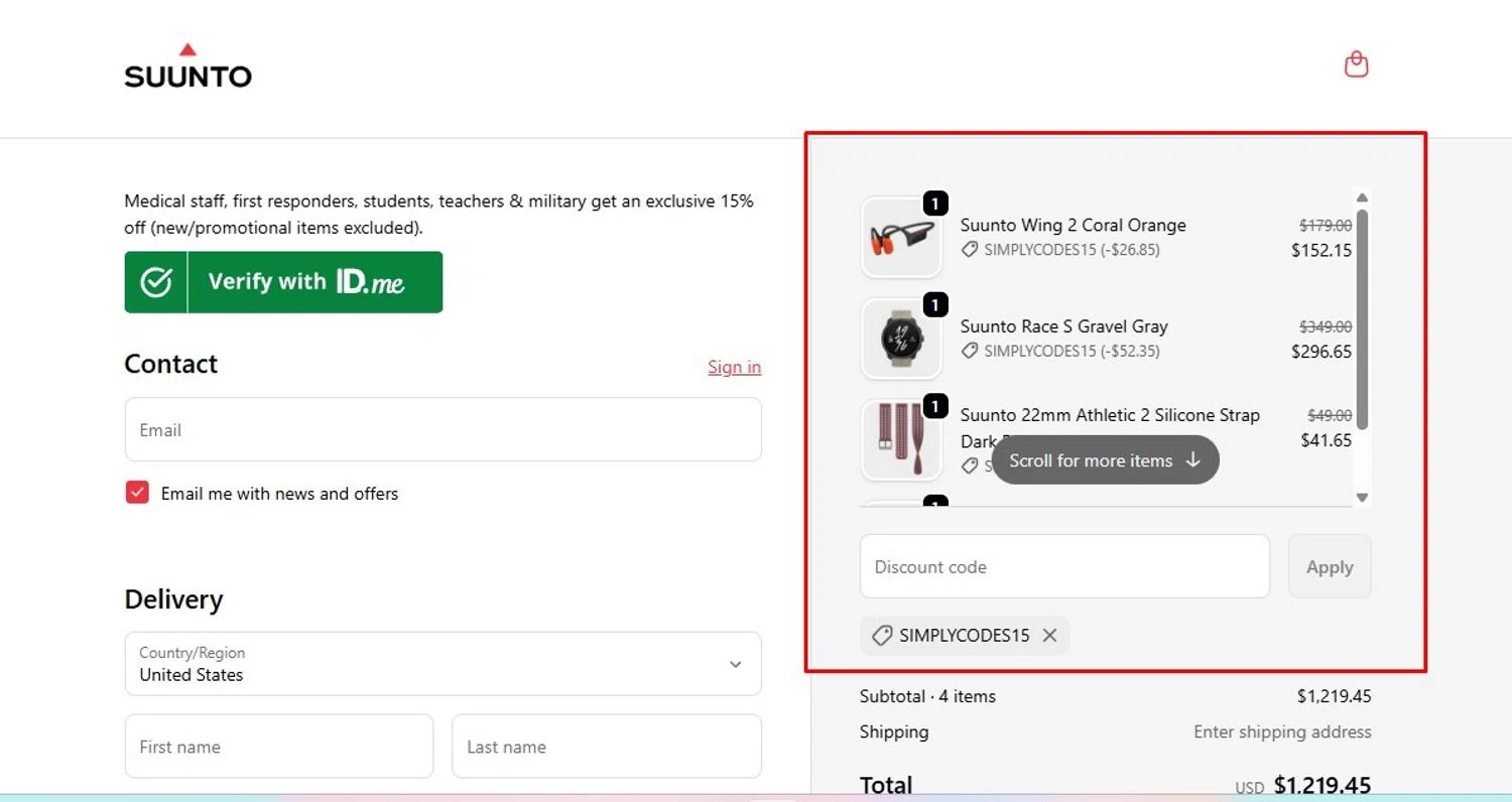 Suunto discount code screenshot showing code SIMPLYCODES15 applied at Suunto checkout page. Uploaded by SimplyCodes community member Swiftdealz on Dec 13, 2025