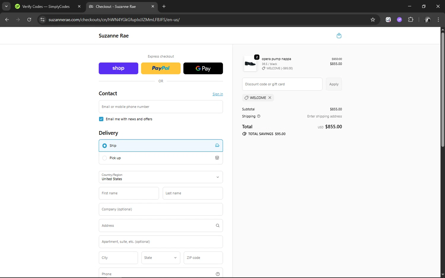Suzanne Rae promo code screenshot showing code WELCOME applied at Suzanne Rae checkout page. Uploaded by SimplyCodes community member TUNGTUNG on Oct 26, 2025