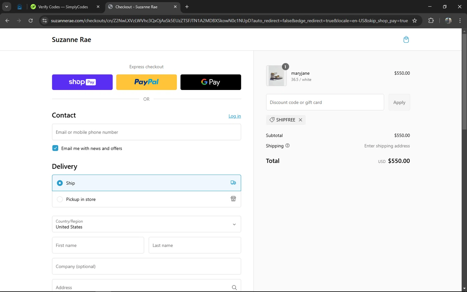Suzanne Rae promo code screenshot showing code SHIPFREE applied at Suzanne Rae checkout page. Uploaded by SimplyCodes community member XXXTENTACION on Mar 3, 2025