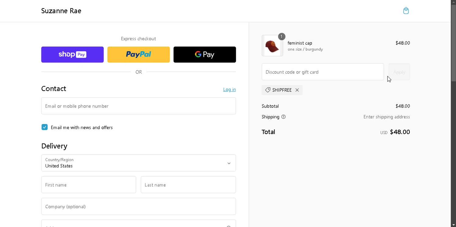 Suzanne Rae promo code screenshot showing code SHIPFREE applied at Suzanne Rae checkout page. Uploaded by SimplyCodes community member Marboroooooooooooo on Feb 2, 2025