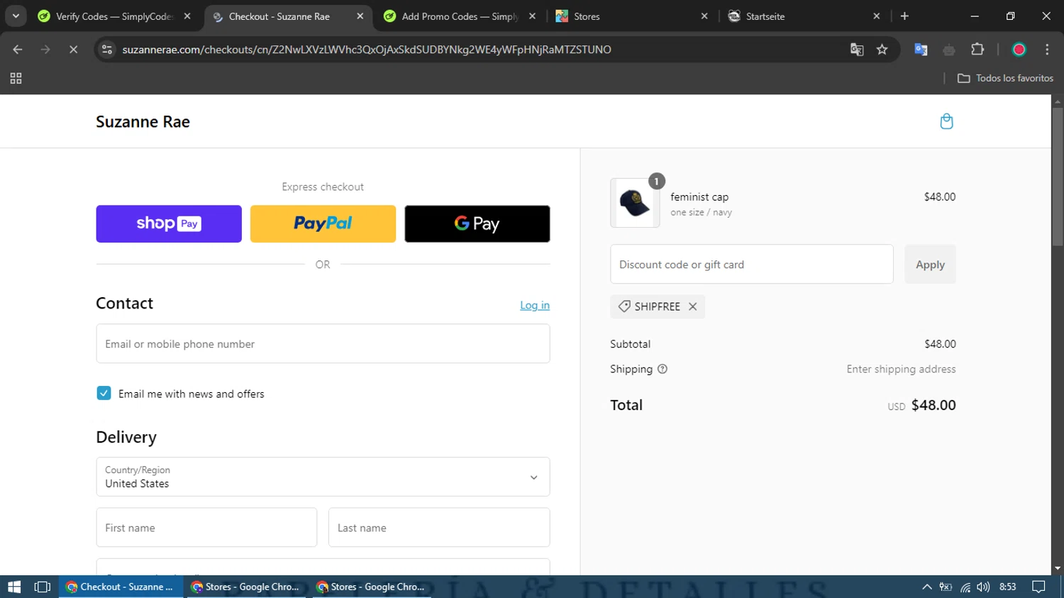 Suzanne Rae promo code screenshot showing code SHIPFREE applied at Suzanne Rae checkout page. Uploaded by SimplyCodes community member bombom on Jan 4, 2025